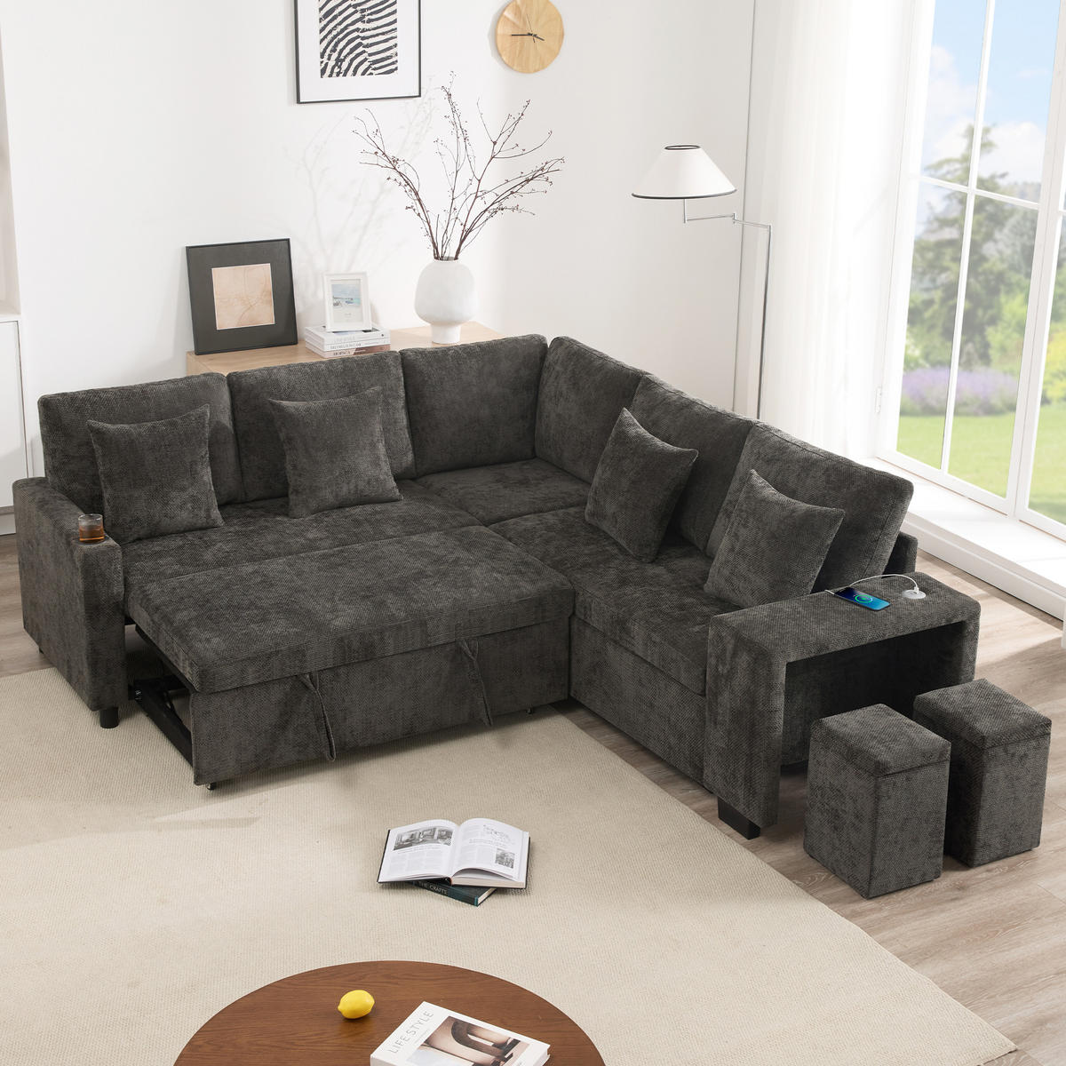 5-SITZER ECKSOFA Chenille Grau mit Schlaffunktion, Stauraum, USB und USB-C, mit Hocker - Grau, Holzwerkstoff/Kunststoff (213/184cm) - WISHDOR