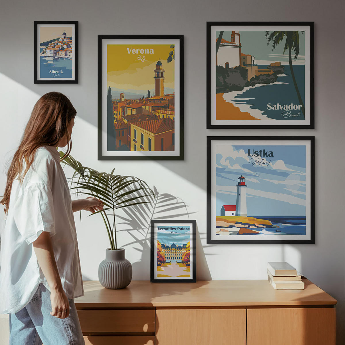 WANDBILDER 5er-Set - 50x50 cm & 20x30 cm & 40x60 cm Schwarzer Rahmen - Europäische Städte in farbigen Illustrationen - Schwarz, Kunststoff (40/60cm) - ArtPrintCave