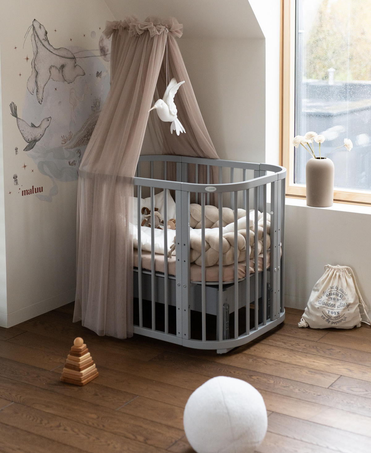 BABYBETT VINTAGE, 5in1 mit Matratze - Braun, Holz (65.5/92cm) - waldin