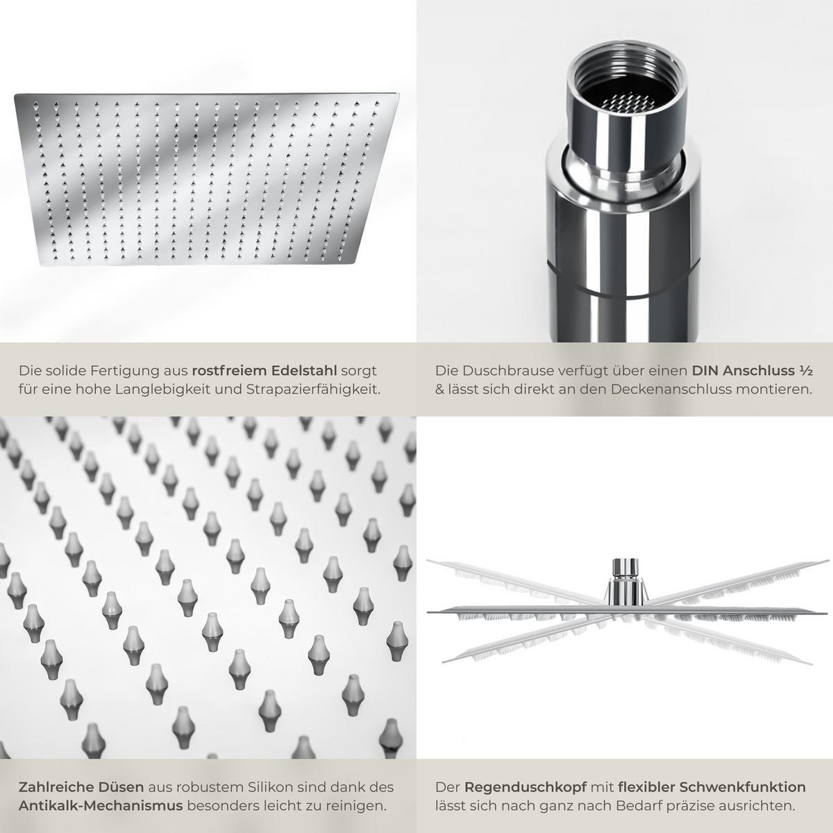 REGENDUSCHKOPF , 1/2 Zoll Gewinde, silber - Silberfarben, Metall (30/4.5/30cm) - tectake