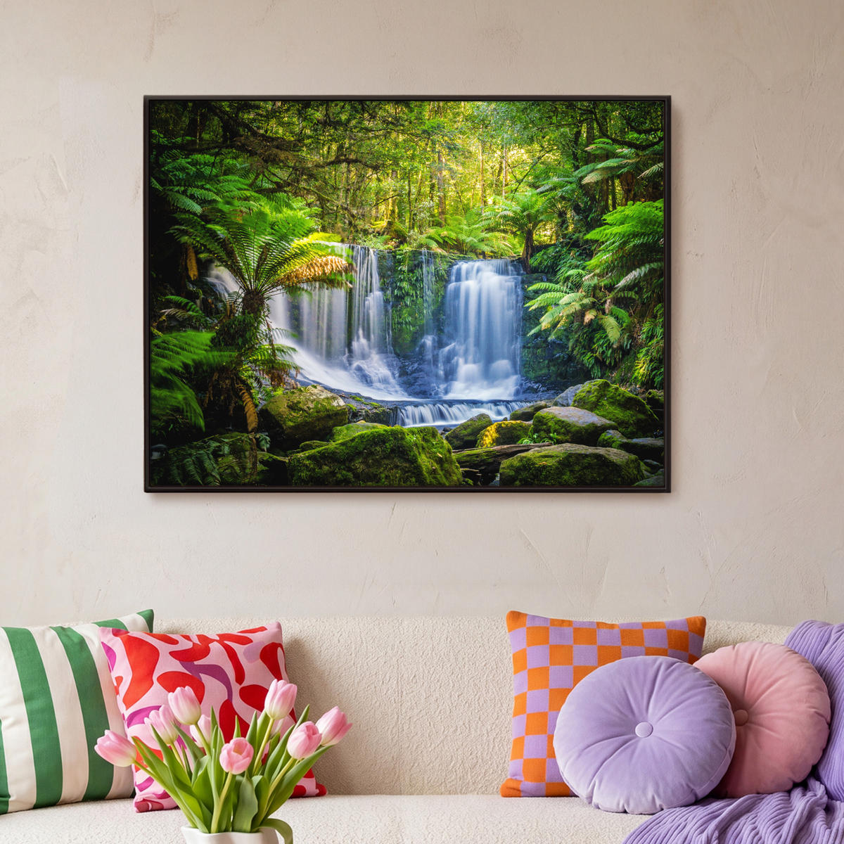 LEINWAND Bilder mit Rahmen - Dschungel - Wasserfall - Australien - Pflanzen - Natur - 100x70 - Dunkelgrün, Textil (100/70cm) - MuchoWow