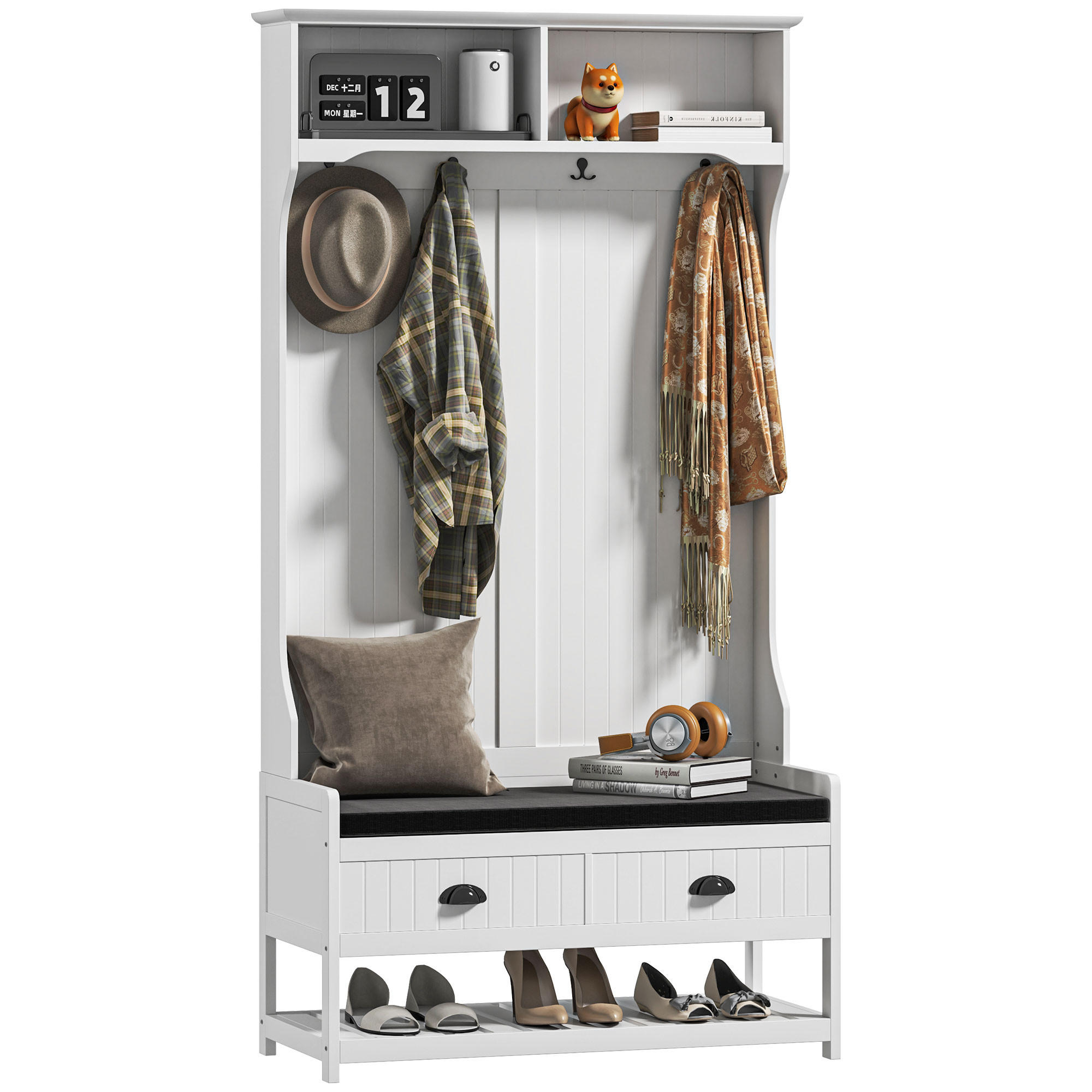 GARDEROBENSTÄNDER 2-in-1 , Kleiderständer mit 4 Haken, Weiß+Grau - Weiß, Holzwerkstoff (89/172/42cm) - HOMCOM
