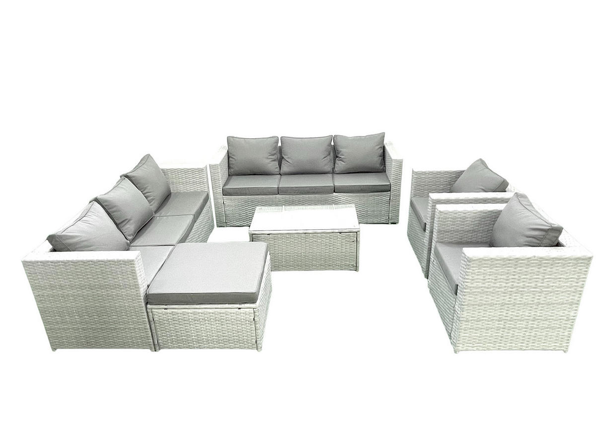 GARTENGARNITUR mit 3-SITZER SOFA,COUCHTISCH Polyrattan Hellgrau-Mix 9-Sitzer - Hellgrau/Grau, Glas/Kunststoff - Fimous