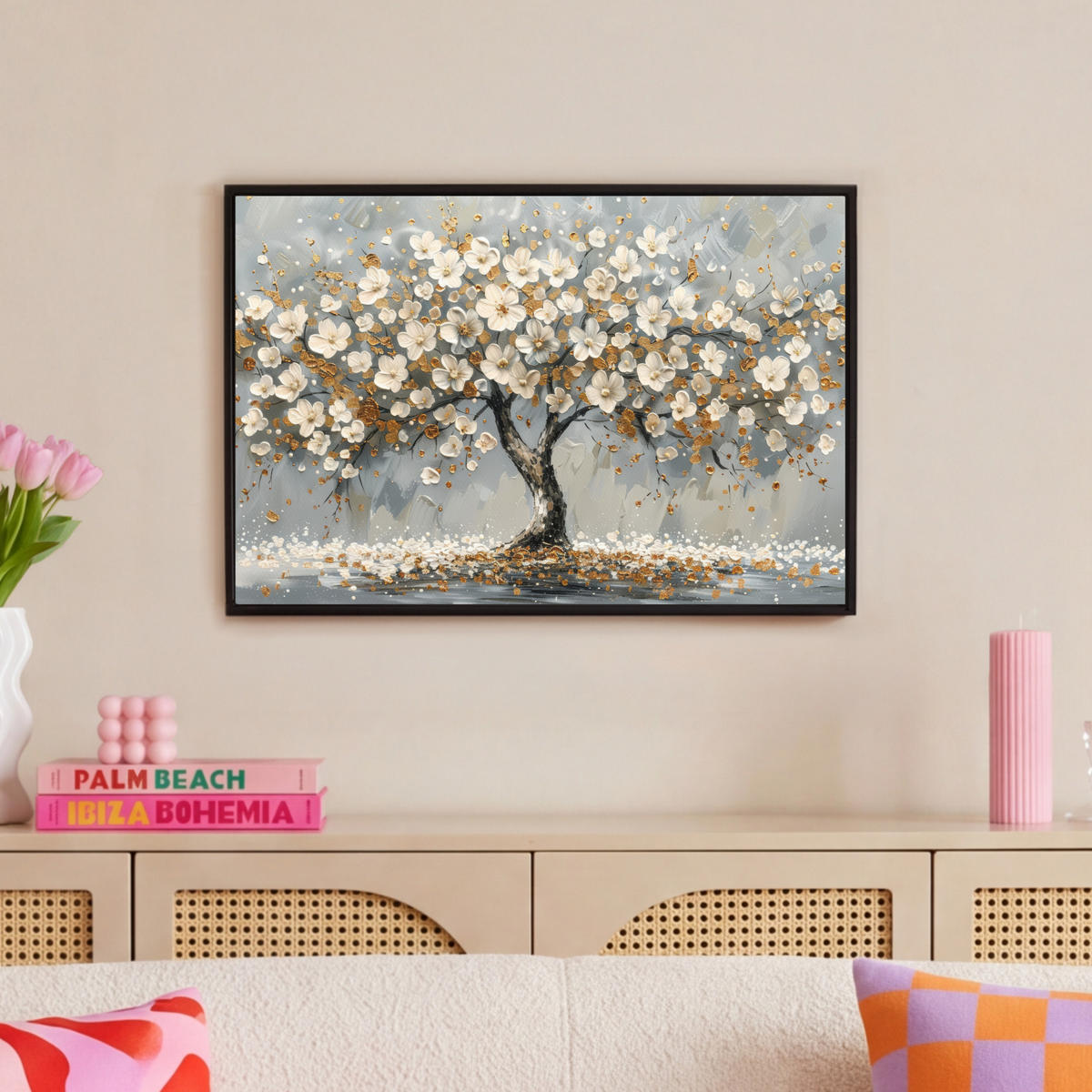 LEINWAND Bilder mit Rahmen - Baum - Blumen - Weiß - Natur - Kunst - 60x40 - Weiß, Textil (60/40cm) - MuchoWow
