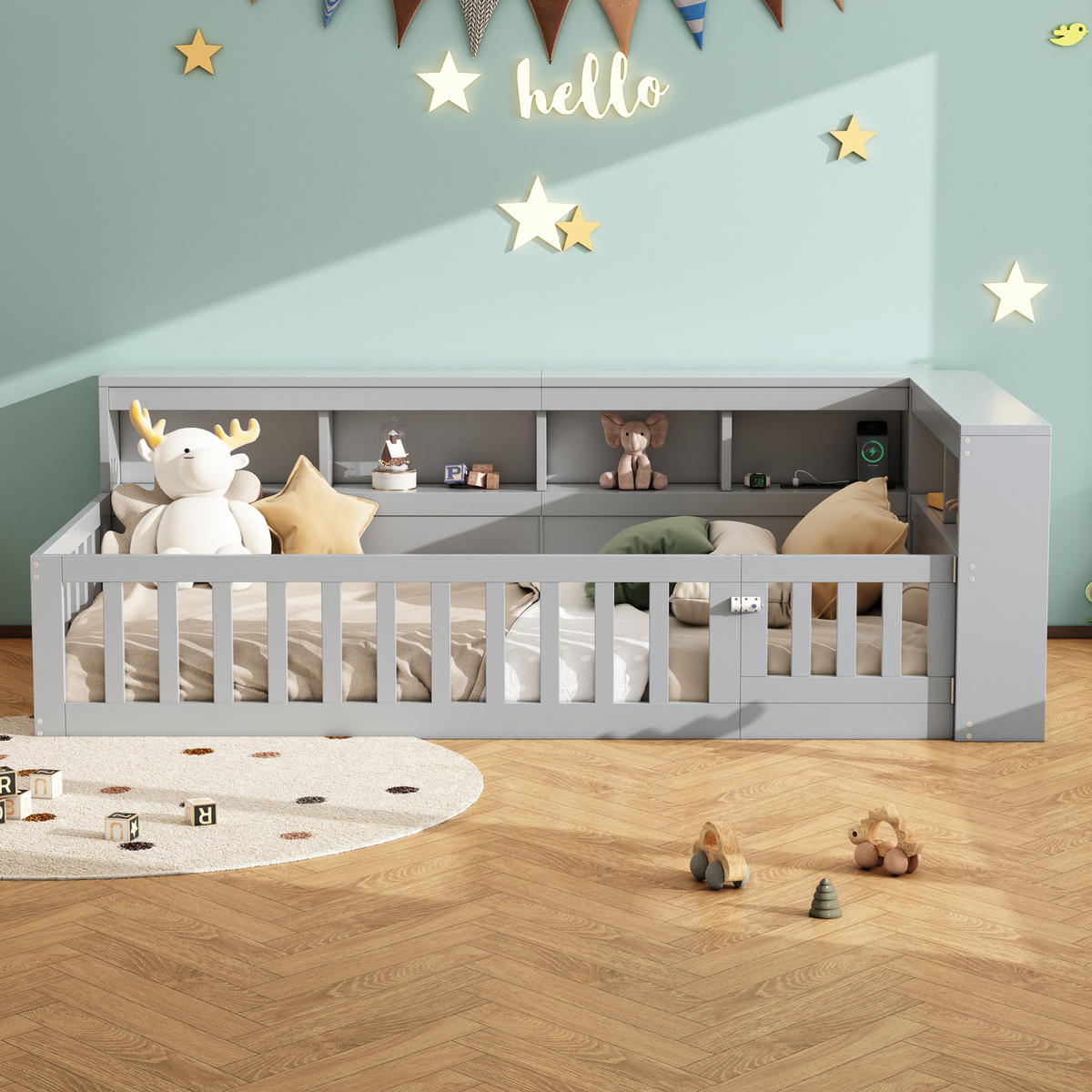 DAYBETT 90/200 cm Grau mit Staufach und USB-Anschlüssen aus Spanplatte - Grau, Holzwerkstoff (90/200cm) - OKWISH