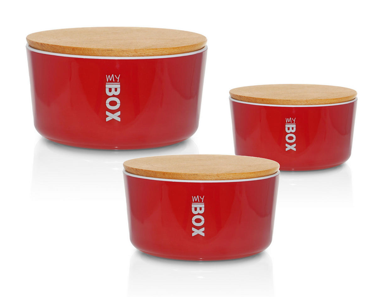 VORRATSDOSEN-SET rund mit Bambusdeckel 3teilig Rot - Rot, Kunststoff - Lashuma