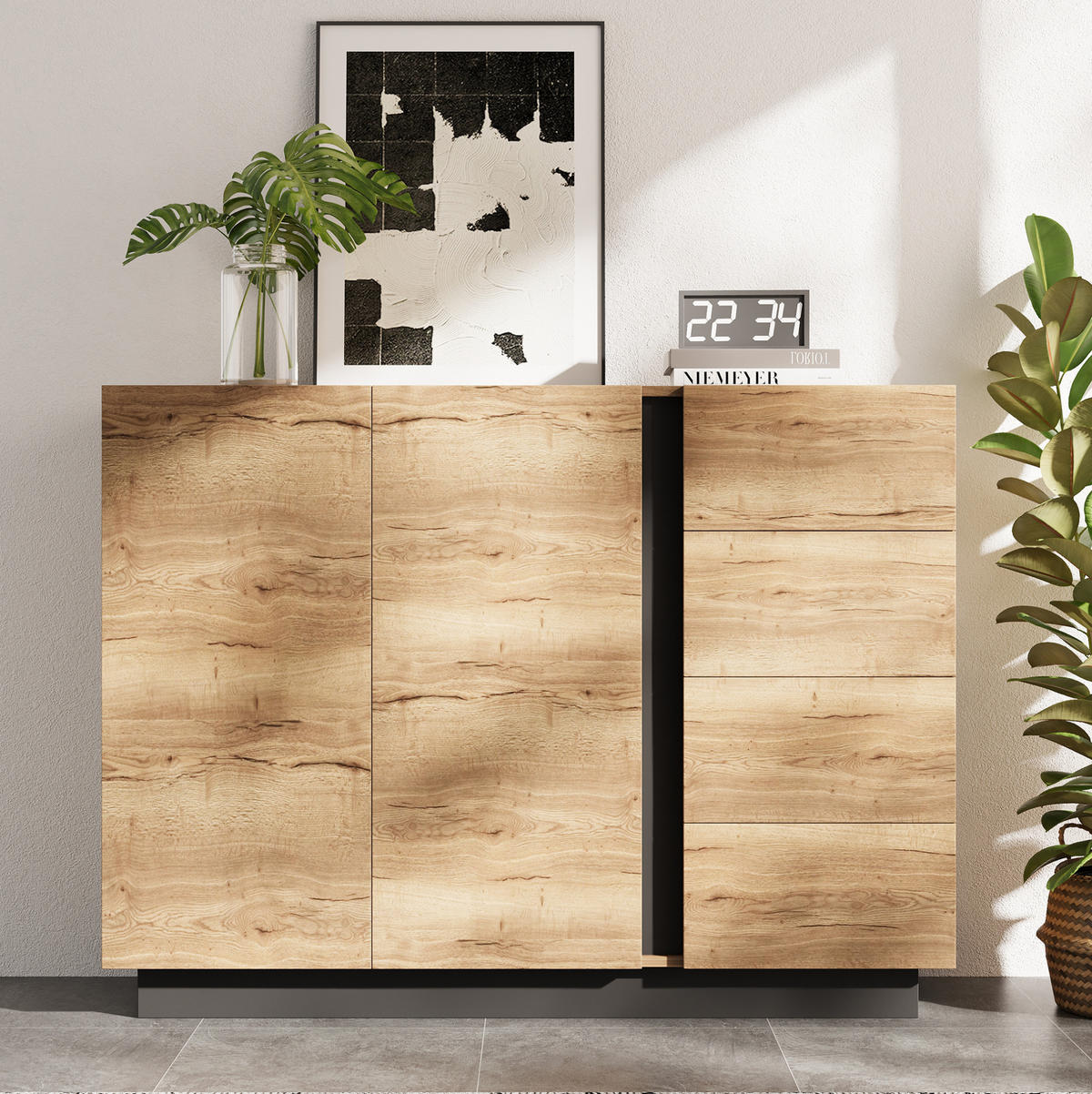 SIDEBOARD aus Spanplatte 120/35,5/90,5 cm mit 4 Schubladen, 2 Türen und Push-to-open, Schwarz/Natur - Naturfarben, Holzwerkstoff (120/90.5/35.5cm) - Redom