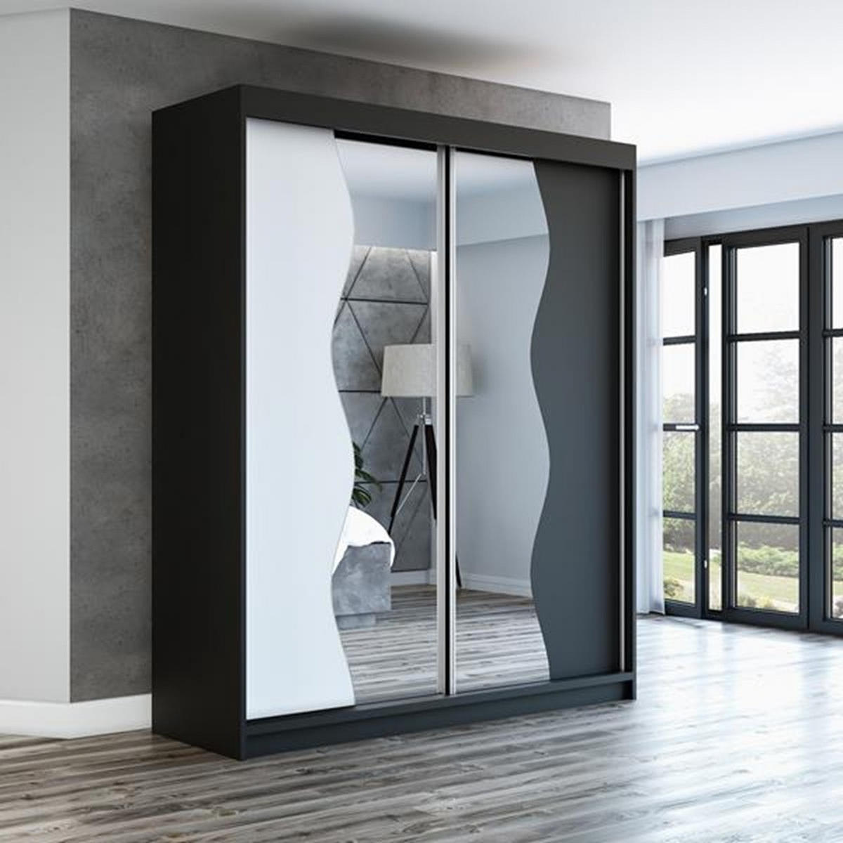 SCHWEBETÜRENSCHRANK 180 CM RIMA Farbe: Schwarz / weiß / schwarz - Schwarz/Weiß, Holzwerkstoff (180/215/59.5cm) - A&J MöbelLand
