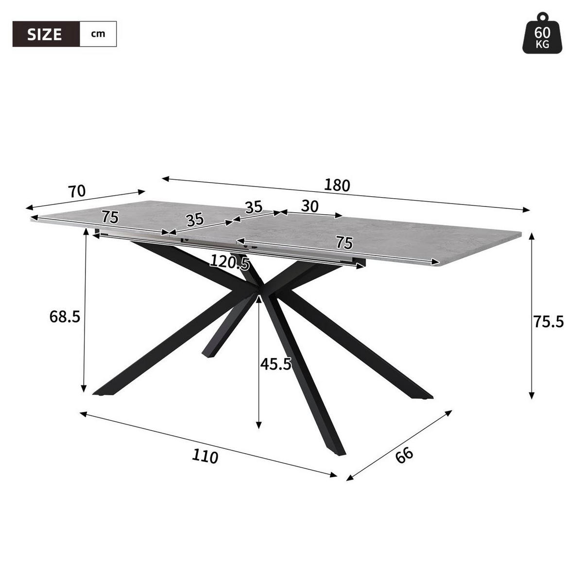 STŮL rozkládací, 150/180/70/76 cm, MDF, černá/šedá s dekorem betonu - šedá, kompozitní dřevo (180/70/75.5cm) - BEAOK