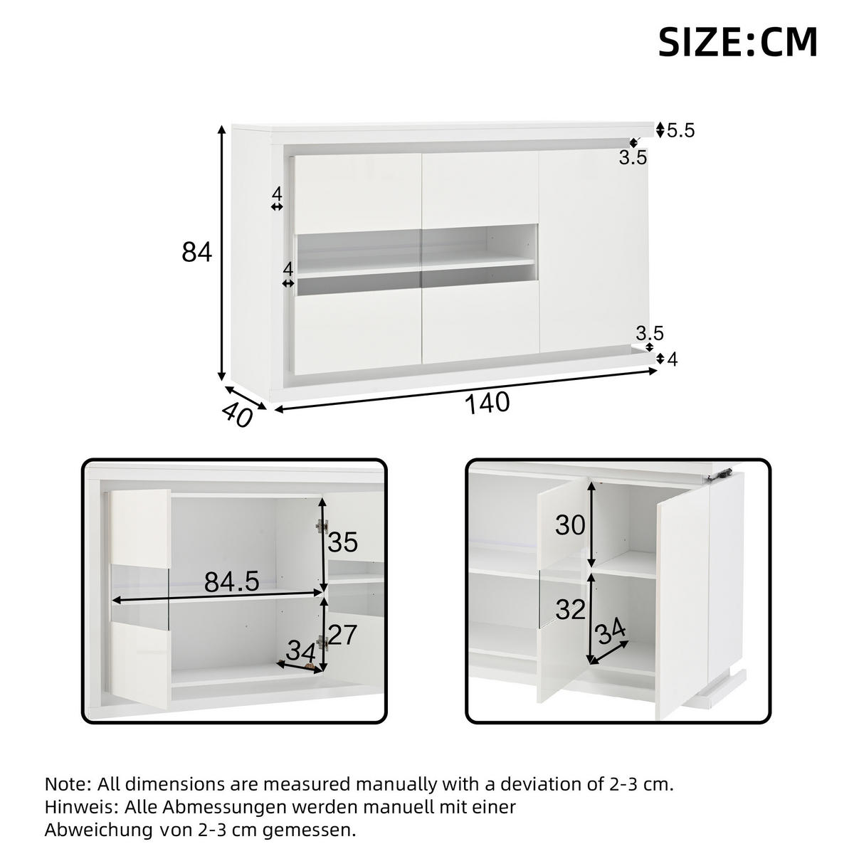 SIDEBOARD 140/40/84 cm, weißer Hochglanz-Vorderteil, 3 Türen mit 2 Gehärtet-Glas-Fronten und fernbedienbarer LED-Beleuchtung, Weiß - Weiß, Holzwerkstoff (140/84/40cm) - Redom