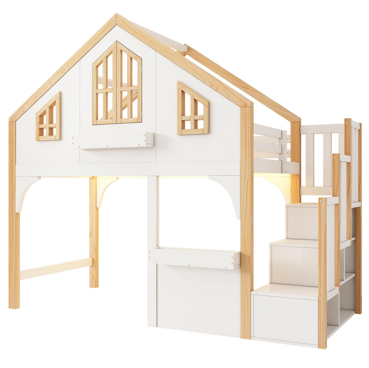 HOCHBETT 90 x 200 cm Weiß mit LED und Stauraumtreppe ohne Matratze - Weiß, Holz (90/200cm) - MIVRAY