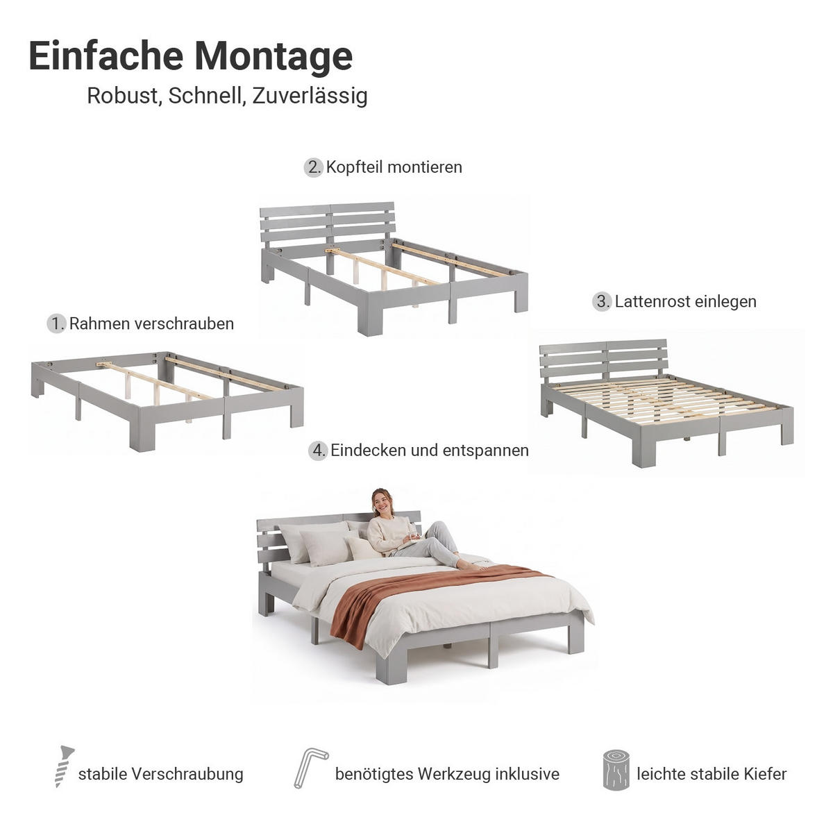 HOLZBETT mit Matratze 160/200 cm Doppelbett Grau - Grau, Holz (160/200cm) - Homestyle4u