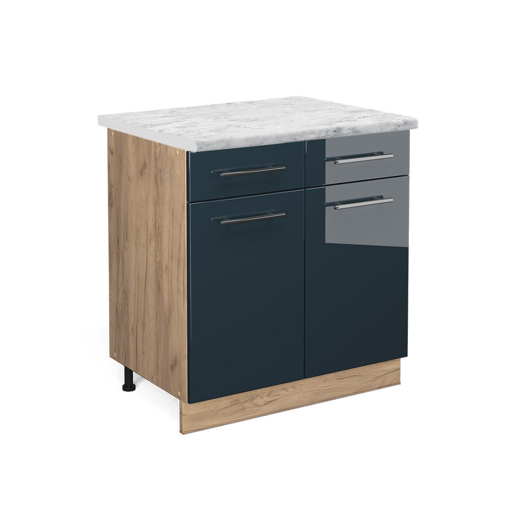 KÜCHENUNTERSCHRANK Fame-Line Dunkelblau Hochglanz 80 cm, AP Marmor - Eiche Wotan/Dunkelblau, Holzwerkstoff (80/82/60cm) - Vicco