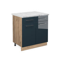 KÜCHENUNTERSCHRANK Fame-Line Dunkelblau Hochglanz 80 cm, AP Marmor - Honigeiche/Eiche Wotan, Holzwerkstoff (80/82/60cm) - Vicco
