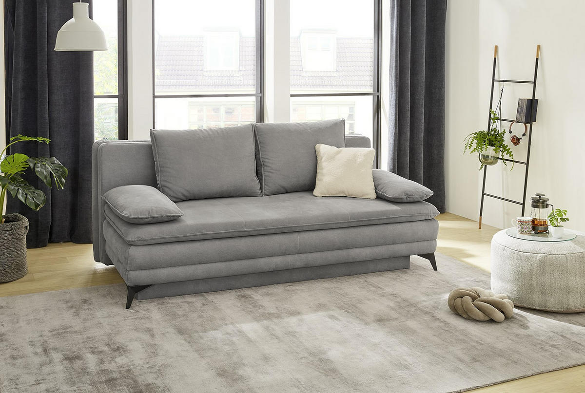 DAUER-SCHLAFSOFA Wellenunterfederung integr.Topper Bettkasten B202/T105/H90 cm, Liegefläche 158x199 cm, Mikrofaser Hellgrau / 15157 - Hellgrau/Schwarz, Textil/Metall (202/90/105cm) - luma-home
