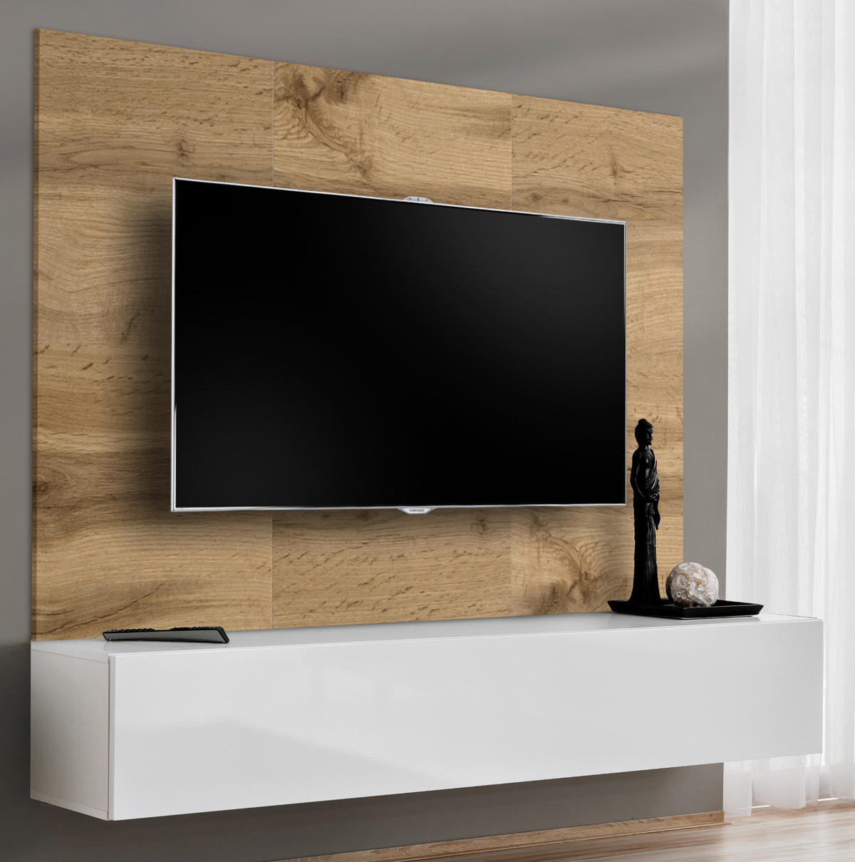 TV-LOWBOARD Eiche Wotan und weiß 180 cm, Set hängend inklusive Akustikpaneel - Eiche Wotan/Weiß, Holzwerkstoff (180/148/40cm) - Inn.Furn