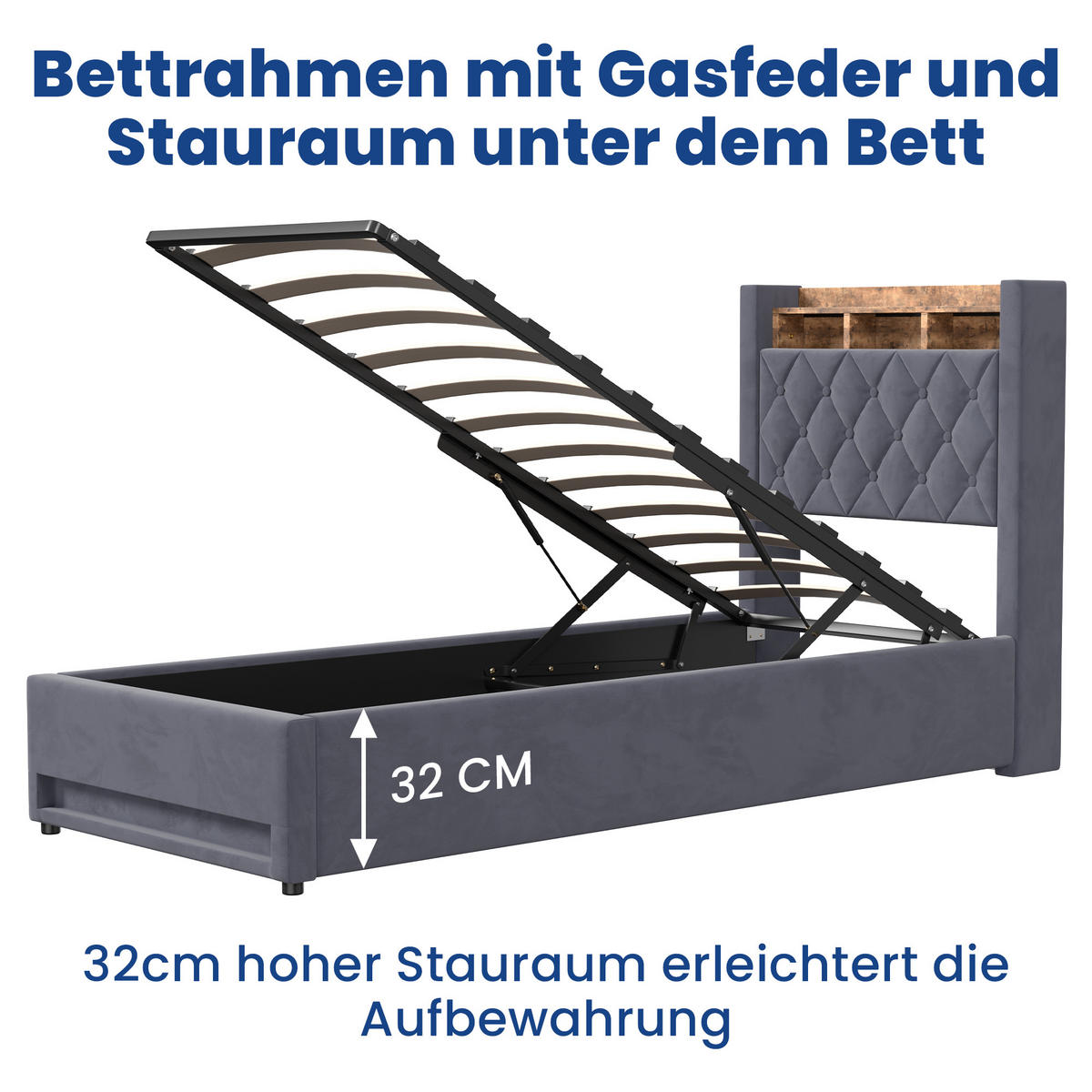 POLSTERBETT 90/200 cm aus Samt mit Stauraum LED Beleuchtung und USB/Steckdosen - Grau, Textil (90/200cm) - BEAOK