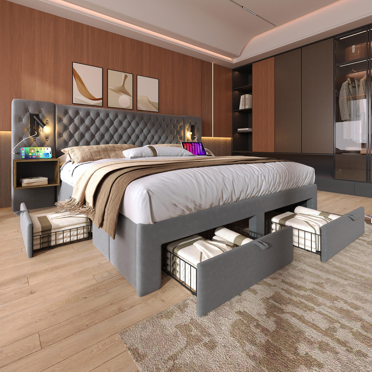 POLSTERBETT 160/200 cm Grau mit USB-Anschlüssen und 4 Schubladen Mit Matratze - Grau, Textil (160/200cm) - OKWISH