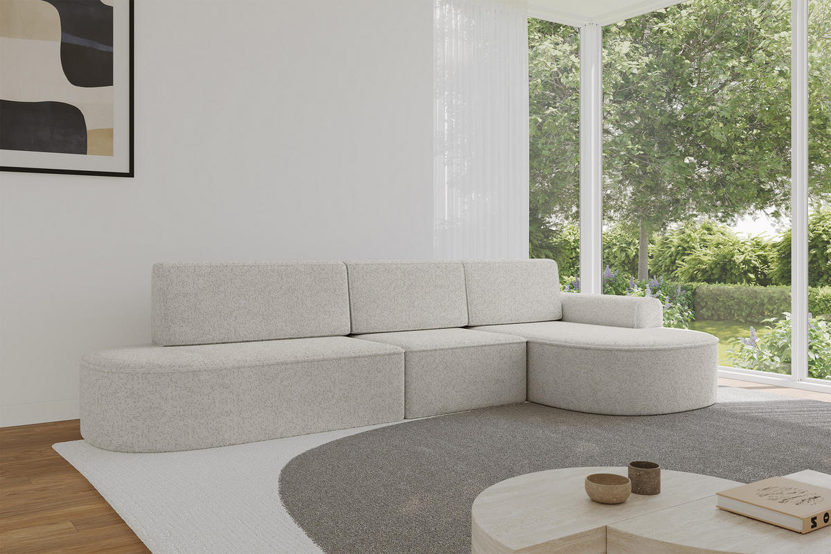 ECKSOFA mit Schlaffunktion Ottomane RECHTS MARI L2-S 368X167X85 Hellgrau Velours - Edelstahlfarben/Schwarz, Holzwerkstoff/Kunststoff (167/368cm) - ALTDECOR
