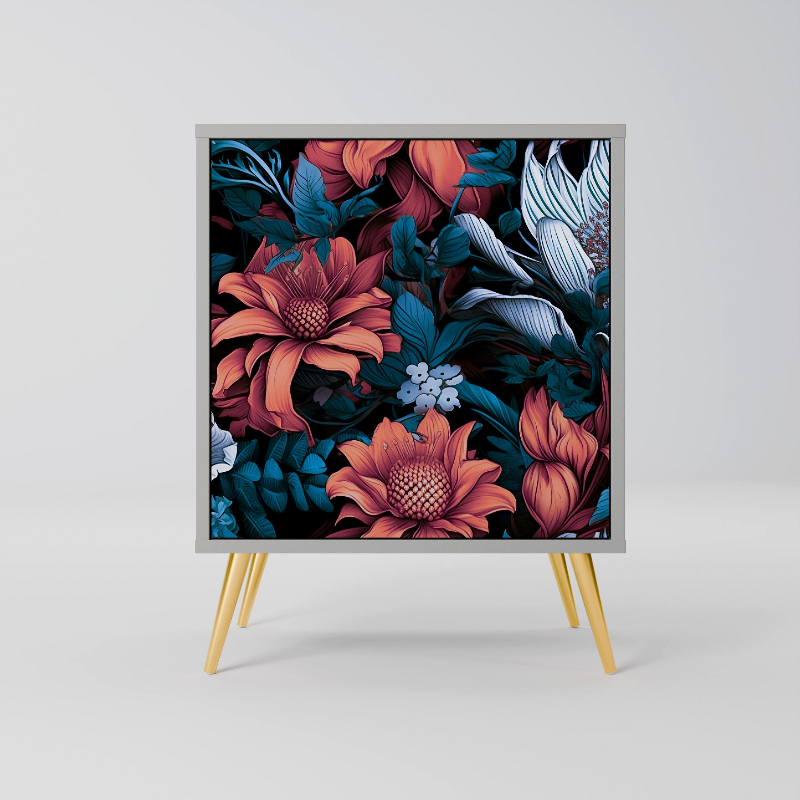 SIDEBOARD ETHEREAL BLOSSOMS, Grau, 57,5x42x75,5 cm, Goldfarbene Metallfüße - Goldfarben/Multicolor, Holzwerkstoff/Metall (57.5/75.5/42cm) - SpaceRebels