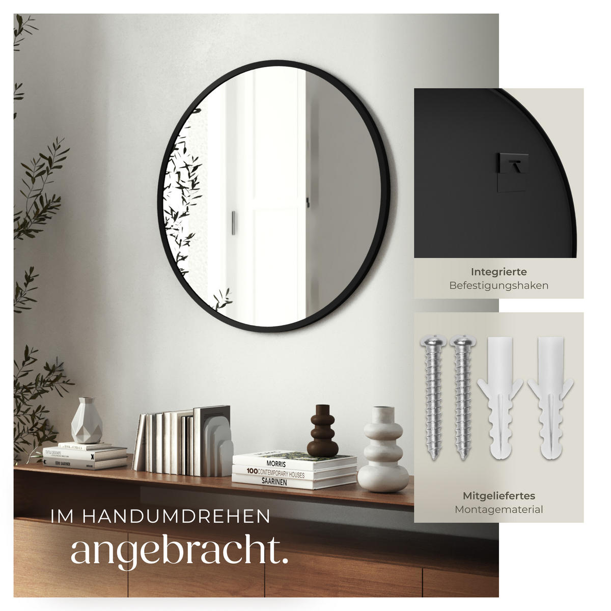 RUNDER WANDSPIEGEL Fiona,integrierte Befestigungshaken,schwarz - Schwarz, Glas (50/2.5/50cm) - tectake