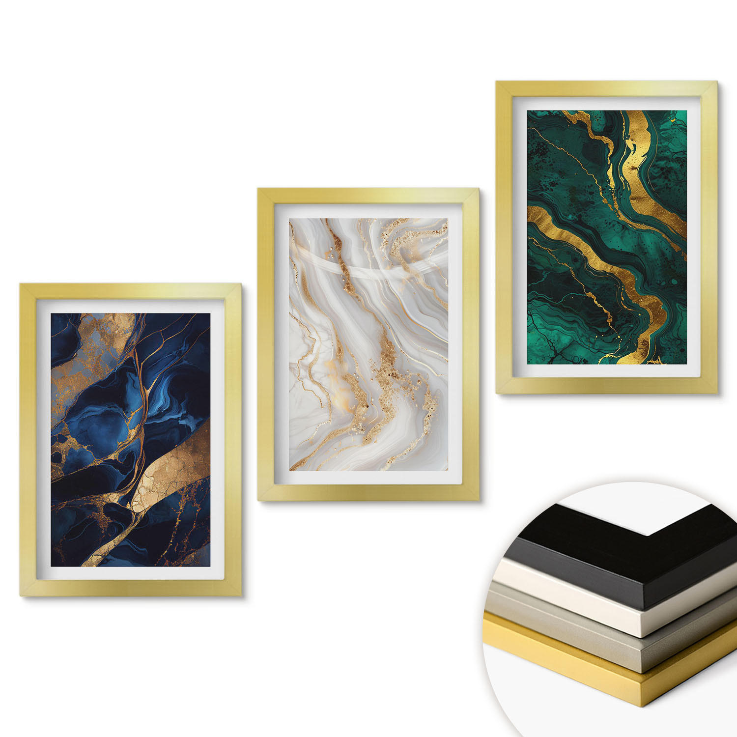 WANDBILDER 3er Set - 20x30 cm Goldrahmen - Abstrakte blaugrüne Muster - Goldfarben, Kunststoff (20/30cm) - ArtPrintCave