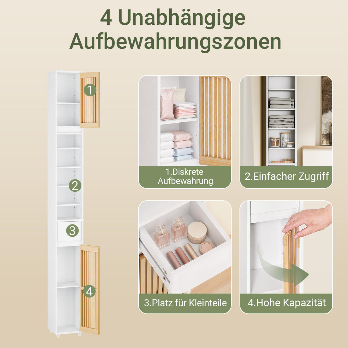 HOCHSCHRANK aus Holz, Schmal Weiß, 20x20x180cm, 20 cm breit, 6 Böden, für Bad & WC - Weiß/Naturfarben, Holzwerkstoff (20/180/20cm) - SoBuy