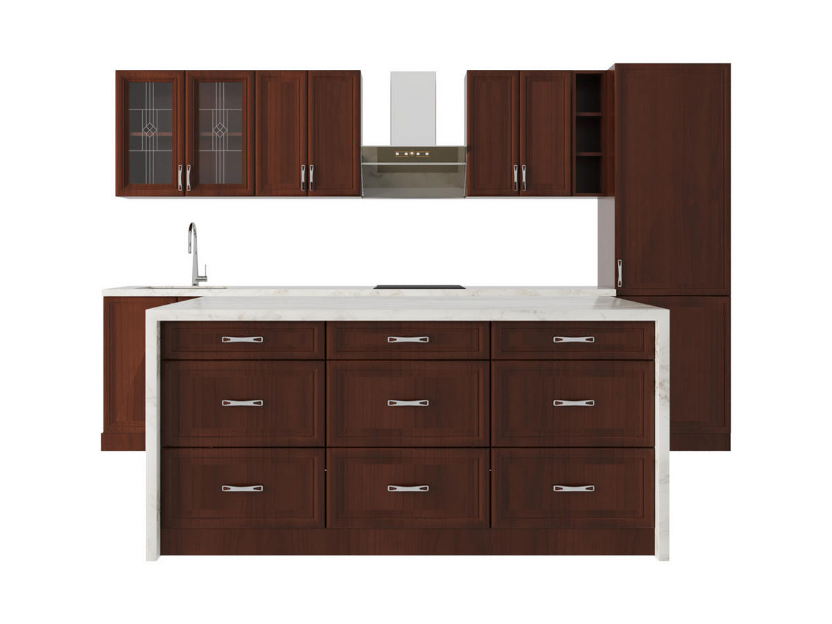 KÜCHENZEILE Mit Insel 340 cm - Sycylia K29-M340 - in Milano Walnuss - Braun, Holz/Metall (340/212/60cm)