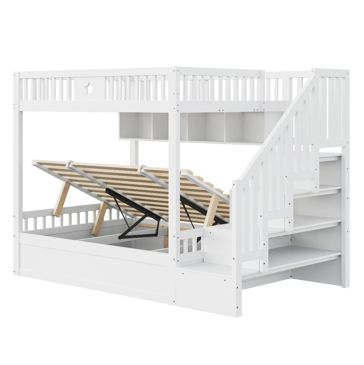 ETAGENBETT 140/200 cm Weiß mit Stauraumtreppe und hydraulischem Bettkasten - Weiß, Holzwerkstoff (140/200cm) - OKWISH