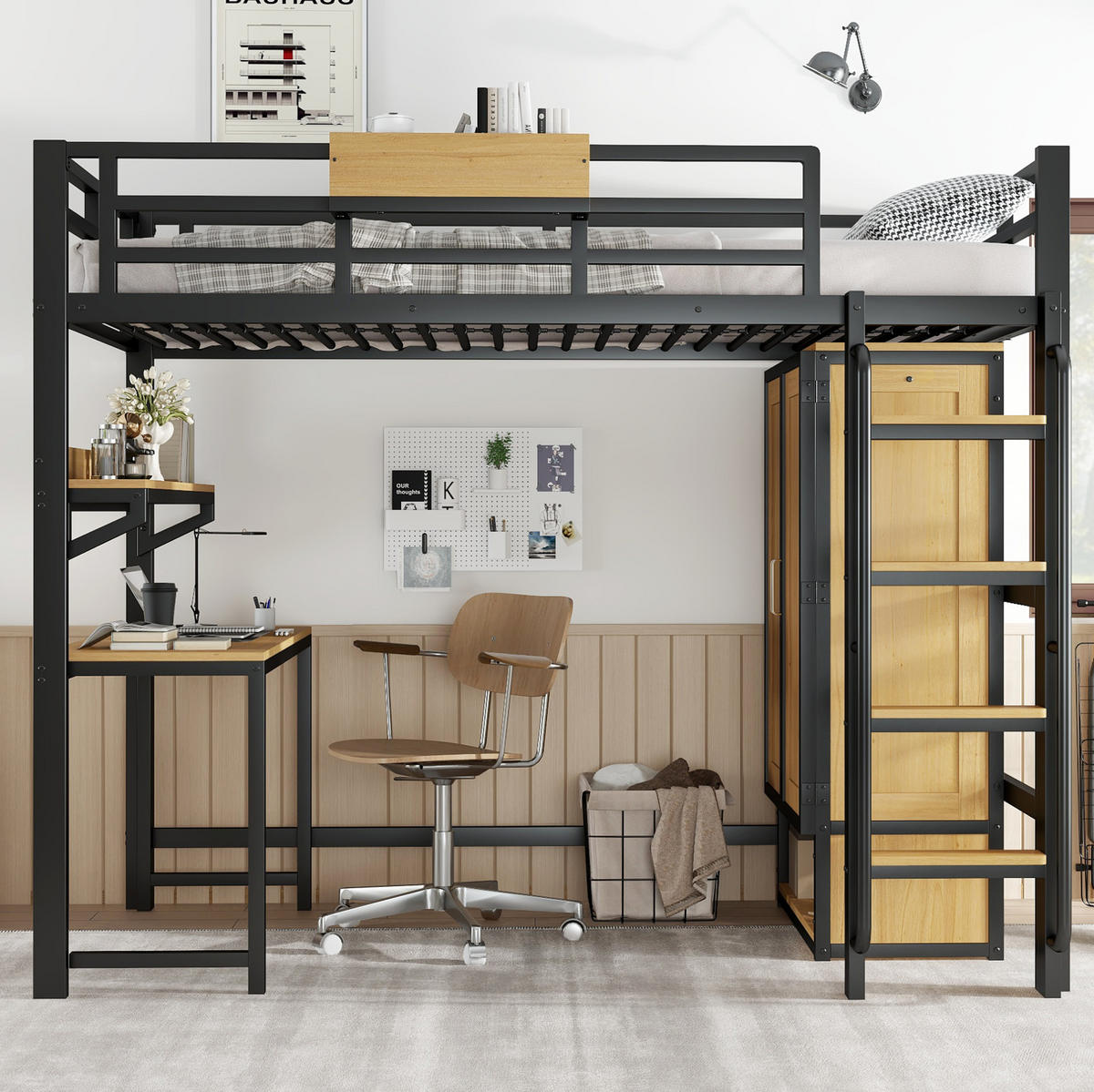 HOCHBETT 90/200 cm mit Kleiderschrank, Schreibtisch, Regal und Treppe mit Handläufen, Schwarz/Natur - Schwarz, Metall (90/200cm) - Redom