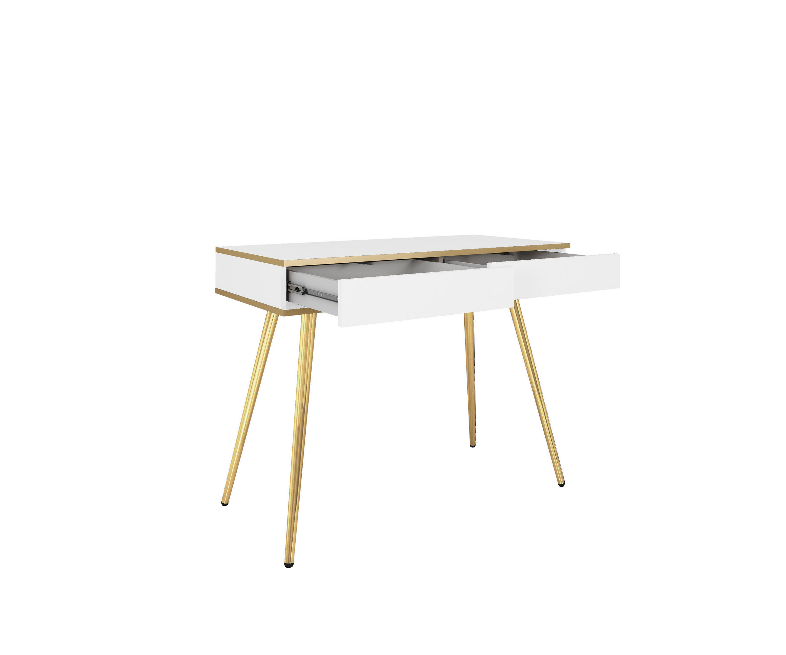 SCHMINKTISCH Weiß - T-102, Hochglanz, Schubladen Push-to-Open 102x50x80 cm Weiß/Gold - Goldfarben/Weiß, Holzwerkstoff/Kunststoff (50/102/80cm) - DomoHome