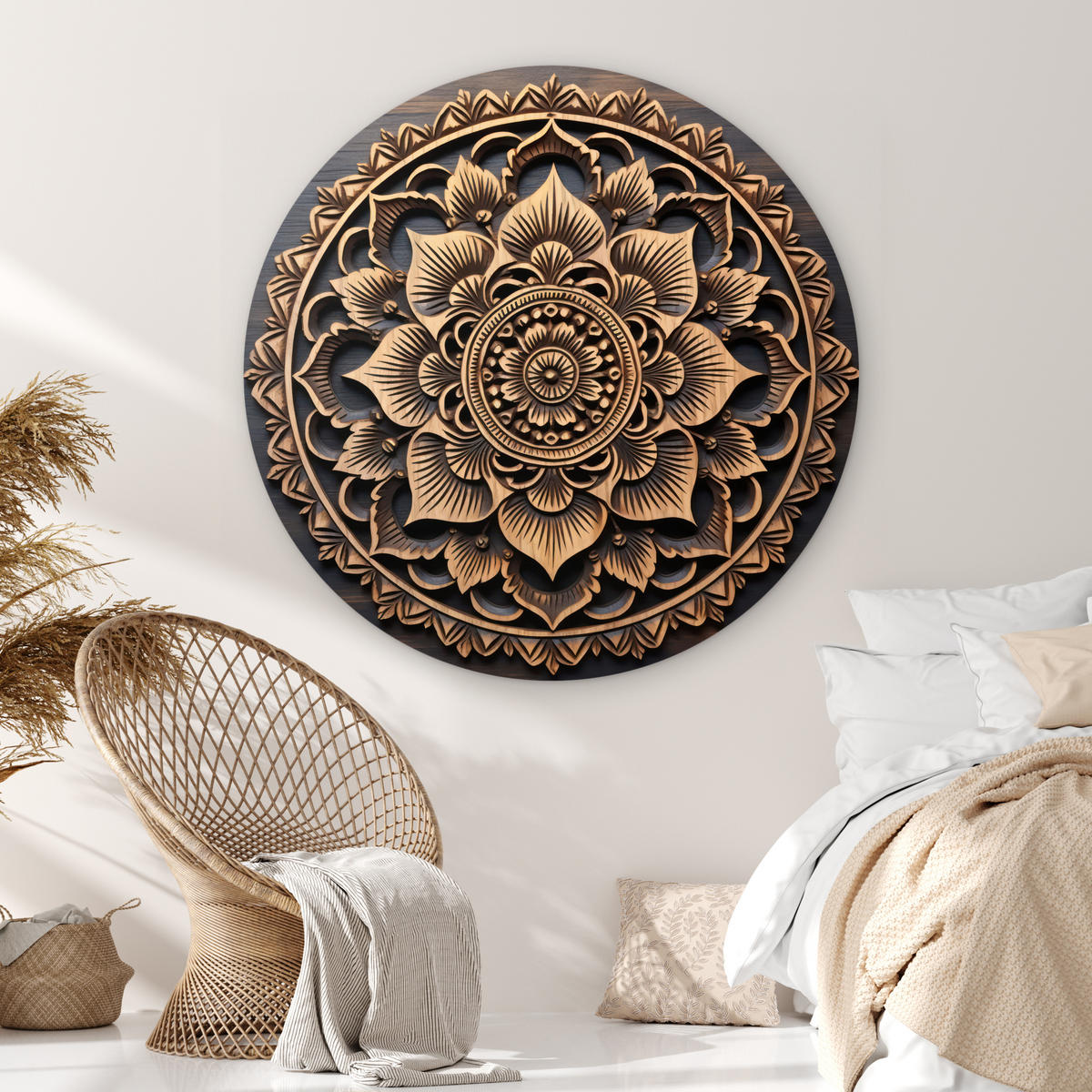 WANDBILD Mandala - Holz - Blumen - Braun 150x150 cm - Gelb, Kunststoff (150/150cm) - MuchoWow