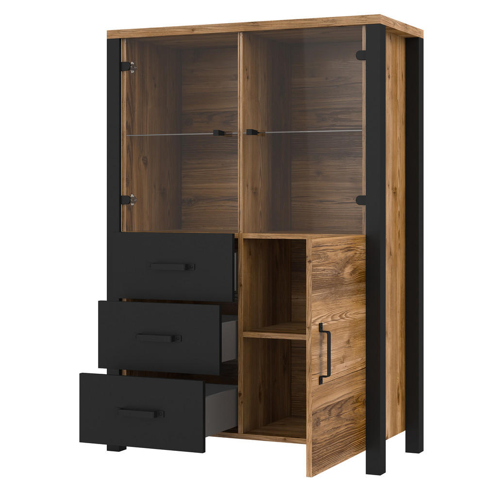 Thumbnail - Masseno Vitrine, Braun, Holzwerkstoff, 3 Schubladen, 101x146x43 cm, Wohnzimmer, Wohnwände, Vitrinenschränke