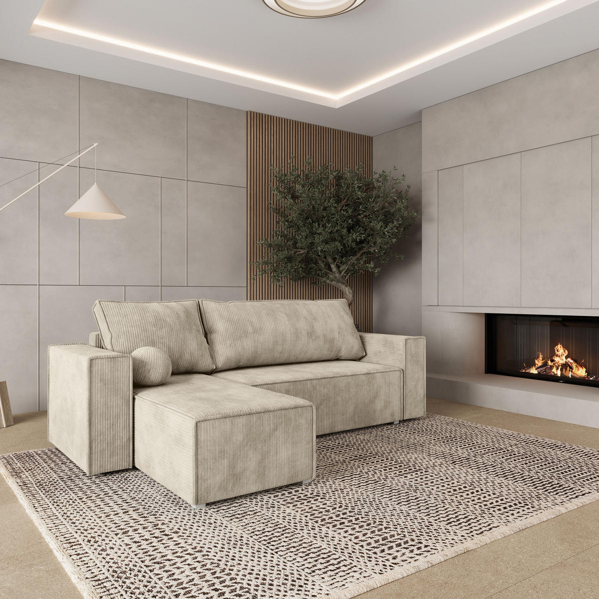 ROHOVÁ SEDAČKA RAVELO krémová - šedá/krémová, dřevo/textil (240/140cm) - MASSENO