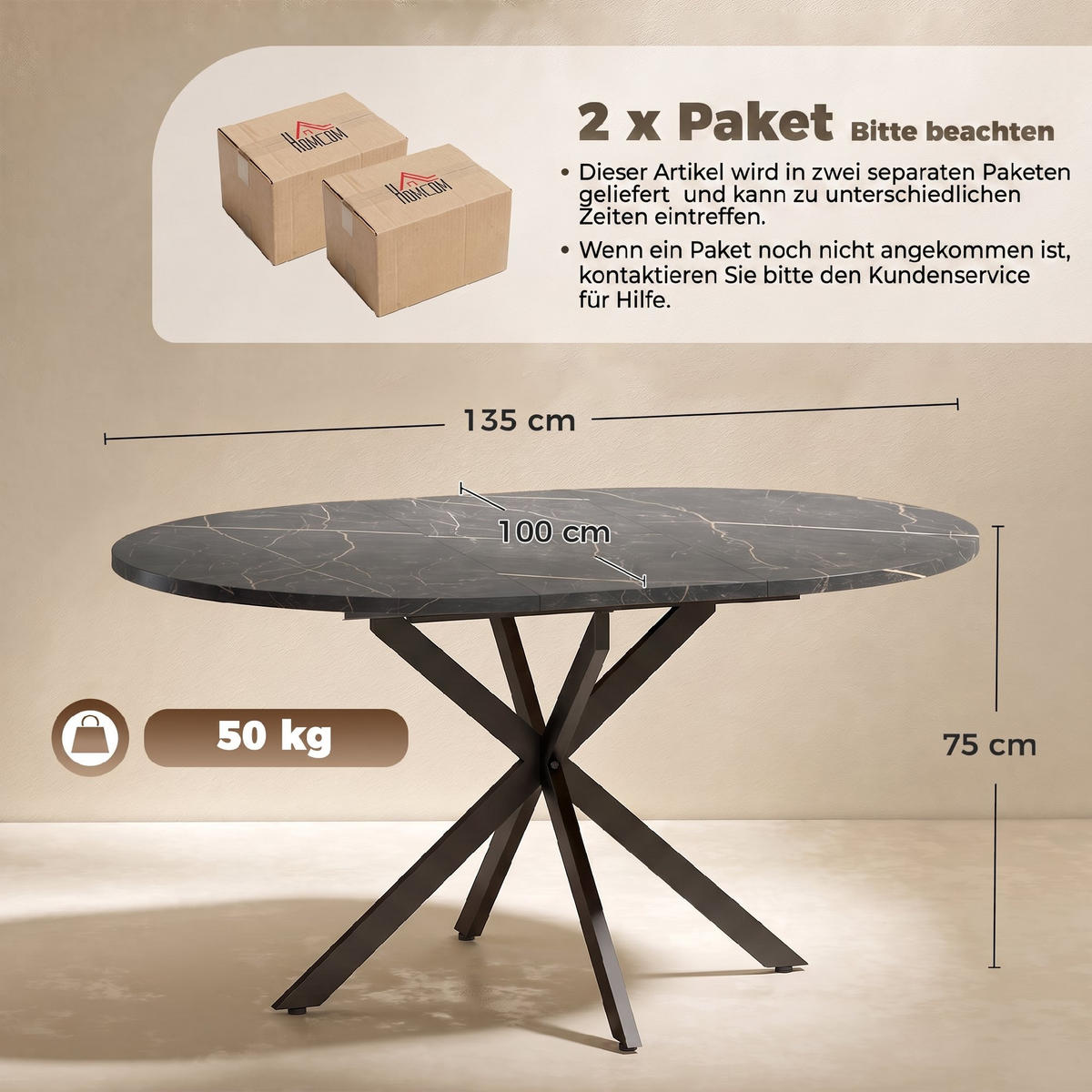 ESSTISCH Schwarz ausziehbar 135/100/75 cm - Schwarz, Metall (135/100/75cm) - PANGIVO