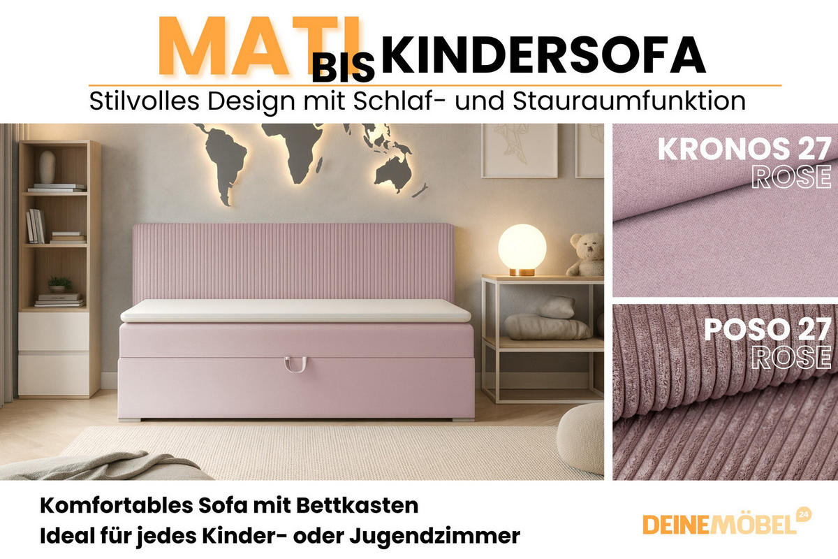 BOXBETT MATI BIS 90/200 Rosa mit Bonell-Federkernmatratze H3 - Rosa, Holz/Holzwerkstoff (90/200cm) - Deine Möbel 24