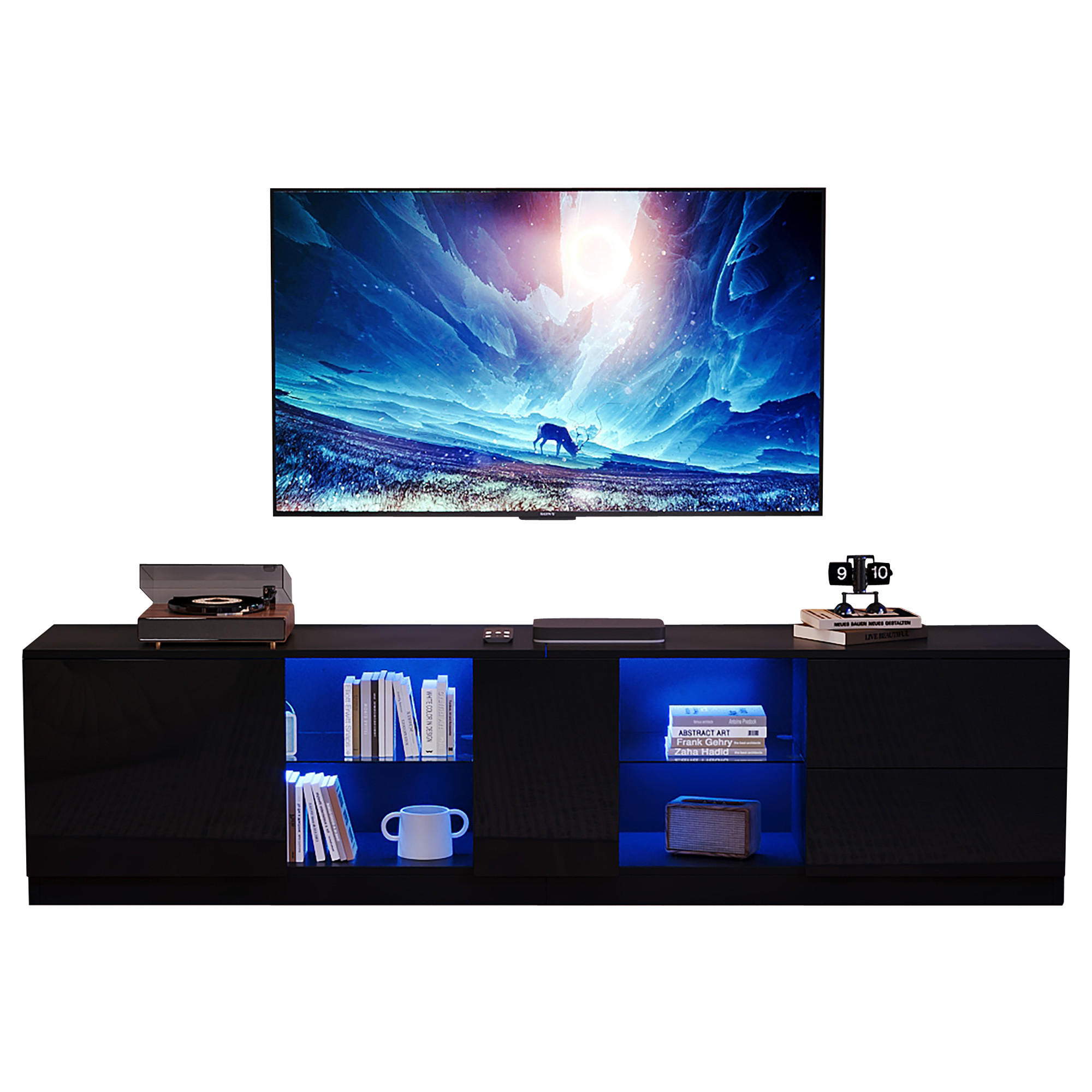TV-SCHRANK Schwarz mit gehärtetem Glasfach und dreistufigem Stauraum 160 × 40 × 52 cm - Schwarz, Holzwerkstoff (160/52/40cm) - Luhomfu