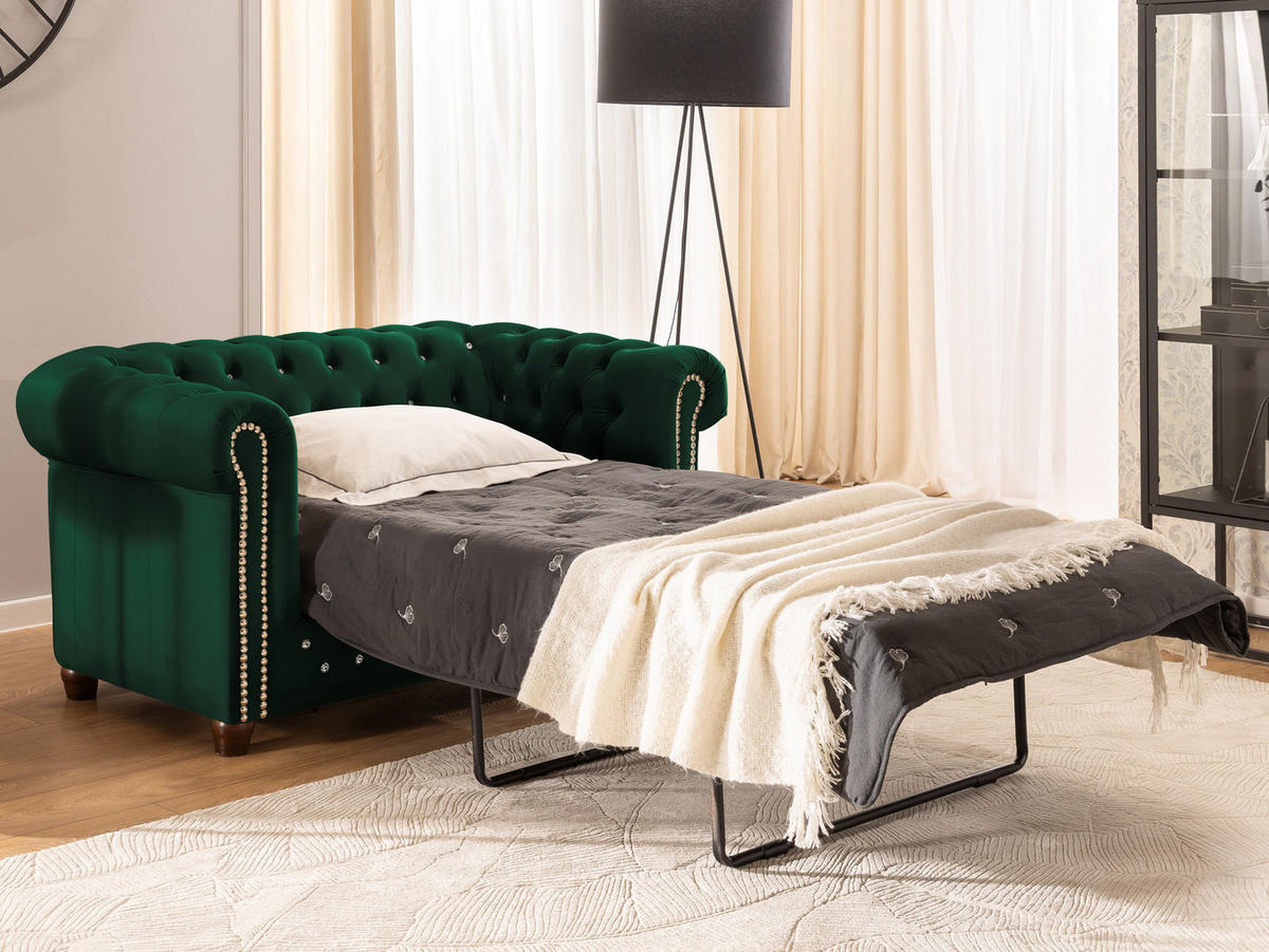 CHESTERFIELD-SOFA 2-Sitzer mit Schlaffunktion Cleo Blink Flasche Grün Samt mit Kristallsteppung und braunen Massivholzfüßen - Braun/Grün, Holz/Textil (148/72/86cm) - S-Style Möbel