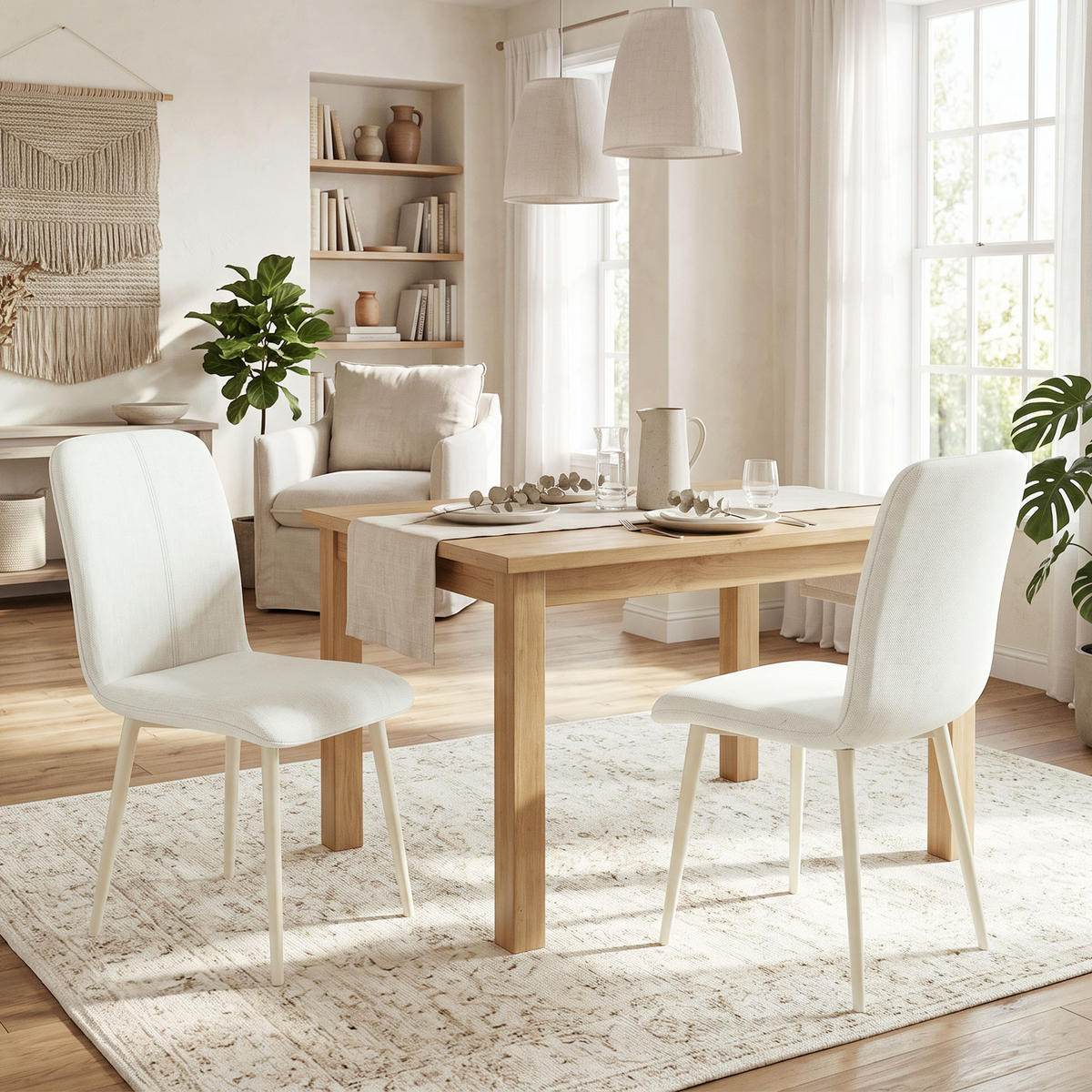 MATSALSSTOLAR i tyg med linneimitation, vit - Cremefärgad, Textil/Metall (57/85/42cm) - HOMCOM