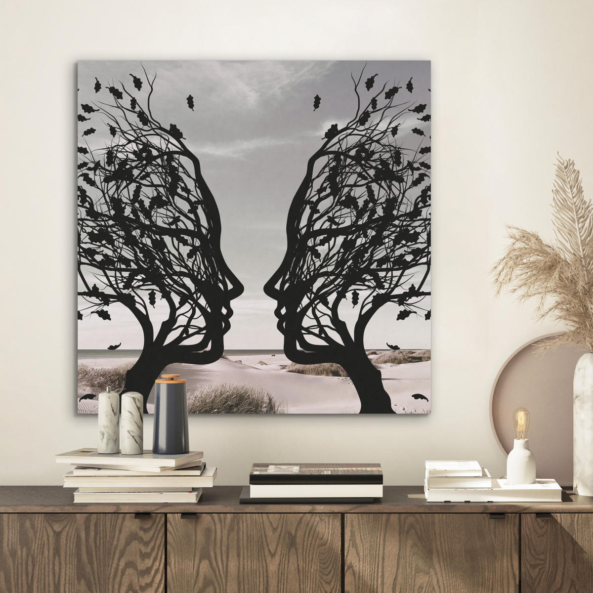 AKUSTIKBILD Strand - Meer - Menschen - Baum - Moderne Kunst Wandbilder 60x60 cm - Hellgrau, Kunststoff (60/60/0.9cm) - MuchoWow