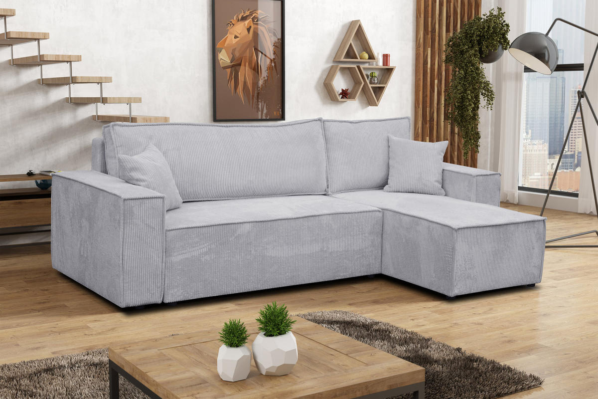ECKSOFA Hugo L in L-Form mit Schlaffunktion und Bettkasten, Farbe: Hellgrau, Cordstoff, Ottomane Unsiversal - Hellgrau, Textil (244/145cm) - VENASI MÖBEL