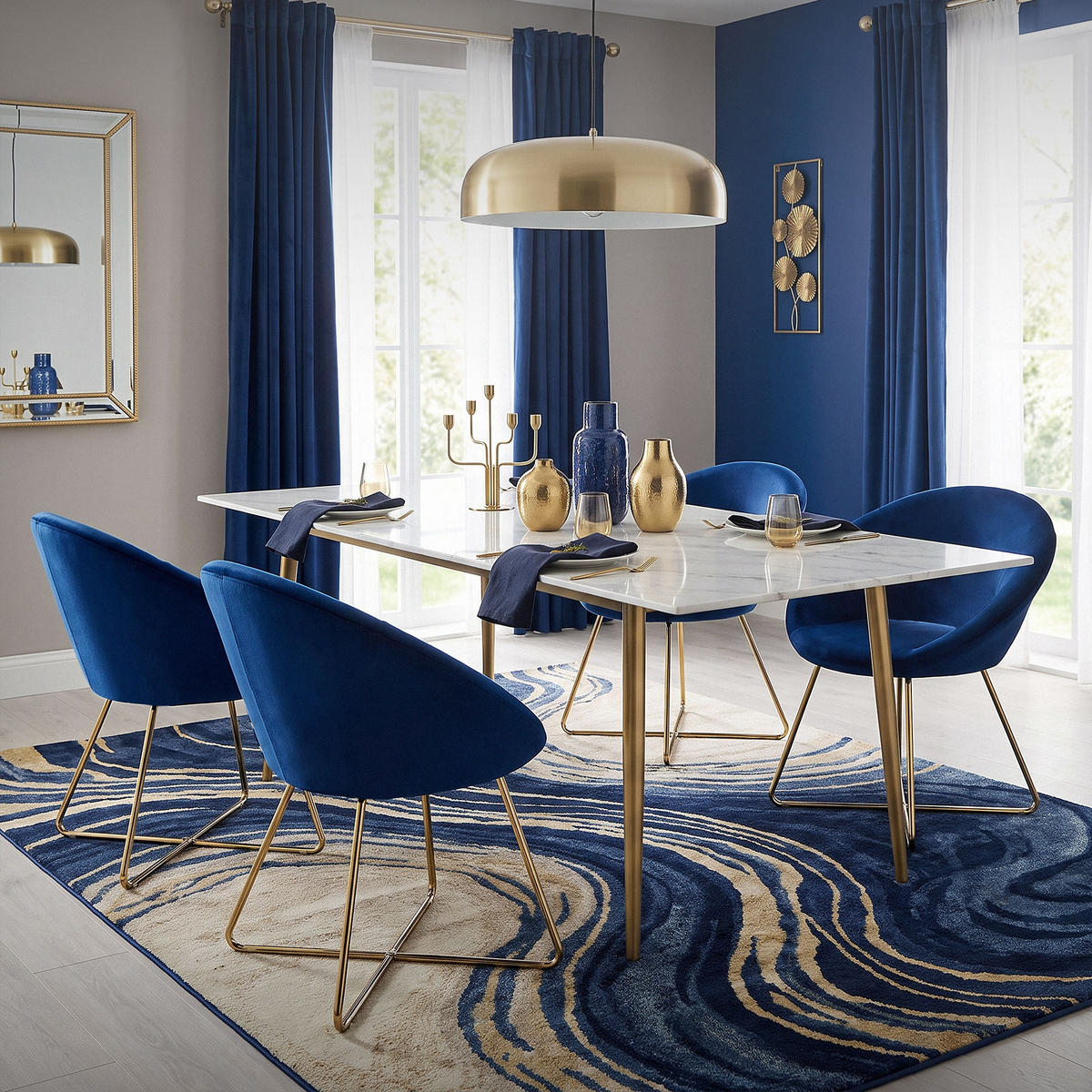 STUHL Samt blau - Blau/Goldfarben, Metall (58/74/65cm) - ML-DESIGN