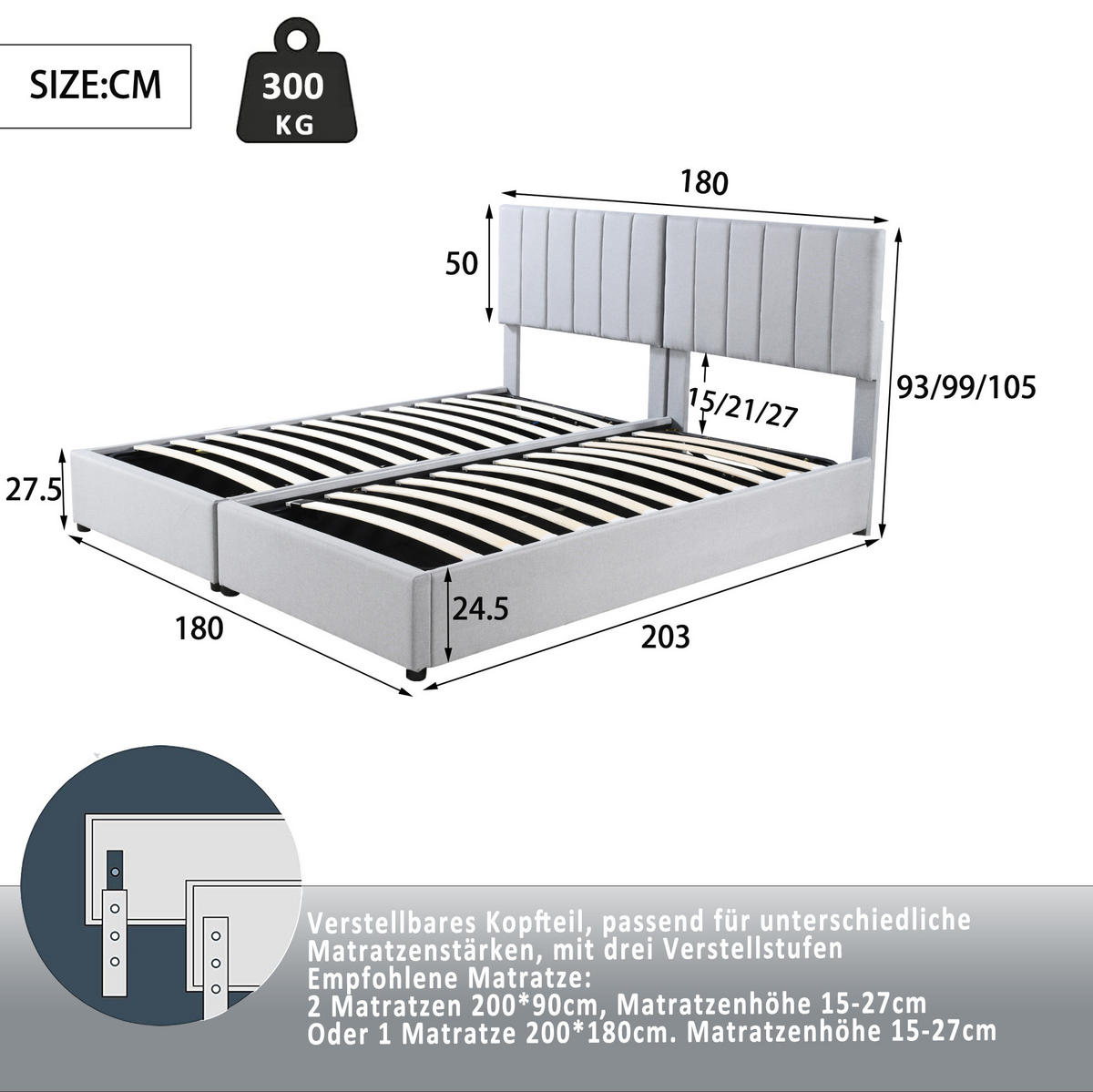 POLSTERBETT mit hydraulischem Stauraum 180x200 cm Grau - Grau, Metall (180/200cm) - Meubliv