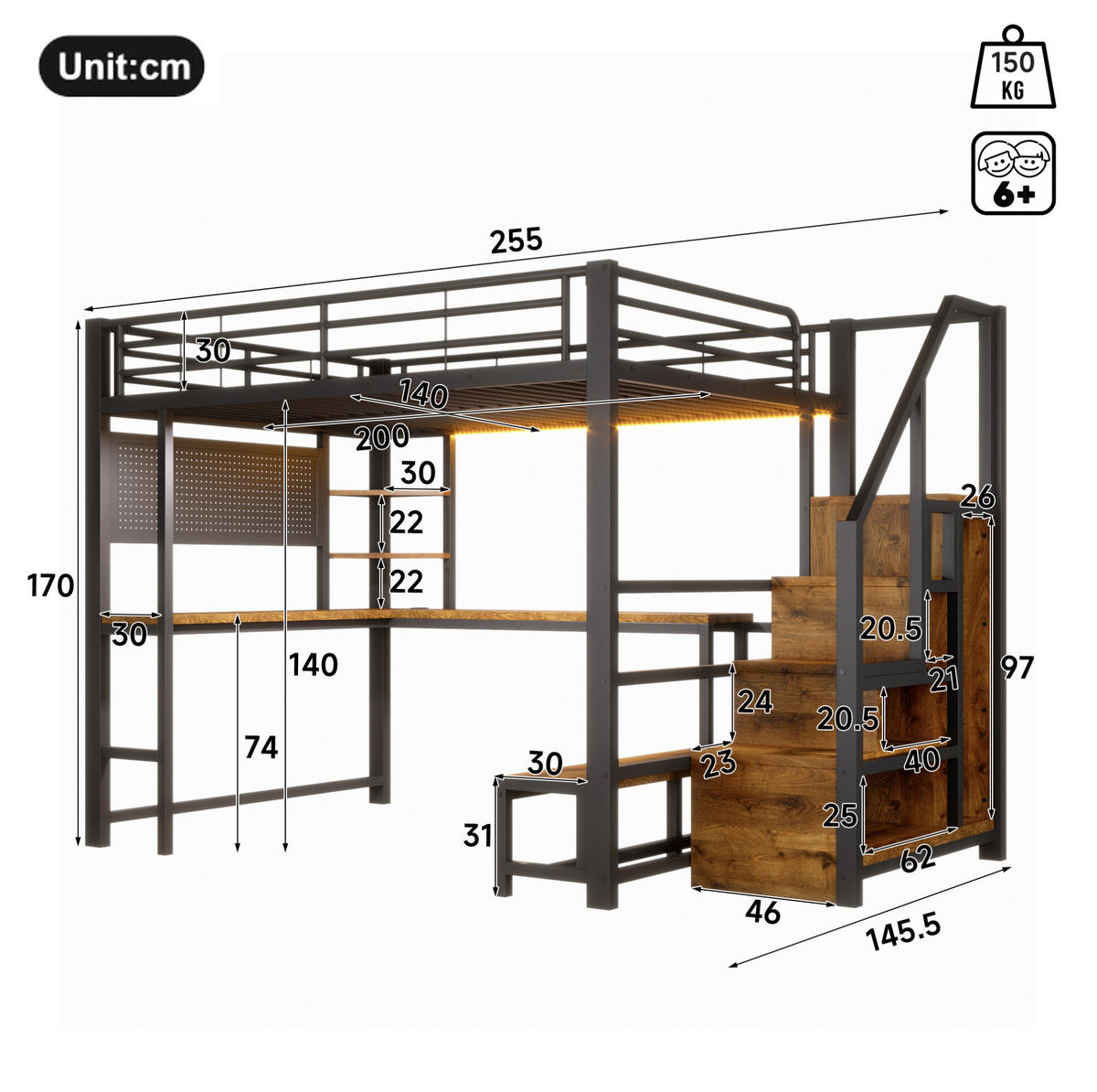 HOCHBETT Metall & MDF 140x200 cm Schwarz mit Schreibtisch, Stauraum, LED und USB/USB-C - Schwarz, Holzwerkstoff (140/200cm) - Modfu