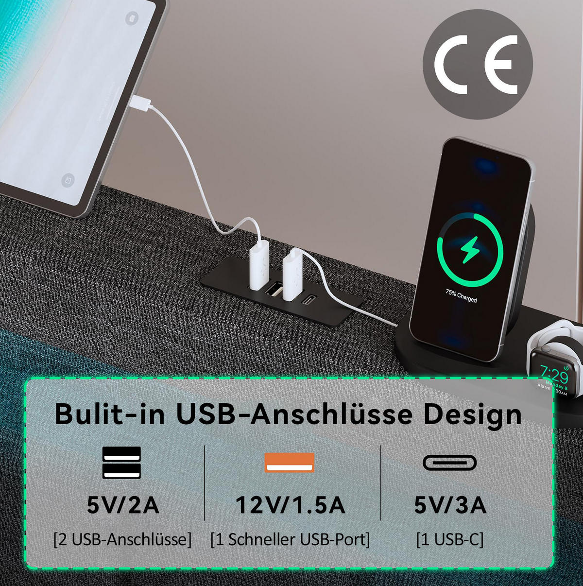 POLSTERBETT 90/200 cm Grau aus Leinen mit LED-Beleuchtung, Ladefunktion und 2 Schubladen - Grau, Textil (90/200cm) - OKMYHOME