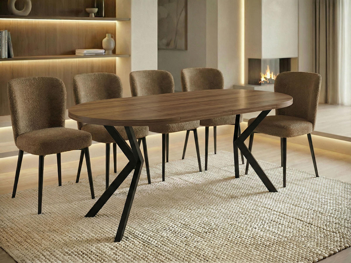 ESSTISCH Valeo runder ausziehbarer, Walnuss Braun 100-180/100/76 cm - Walnussfarben/Schwarz, Holzwerkstoff/Metall (100/100/76cm) - WFL GROUP