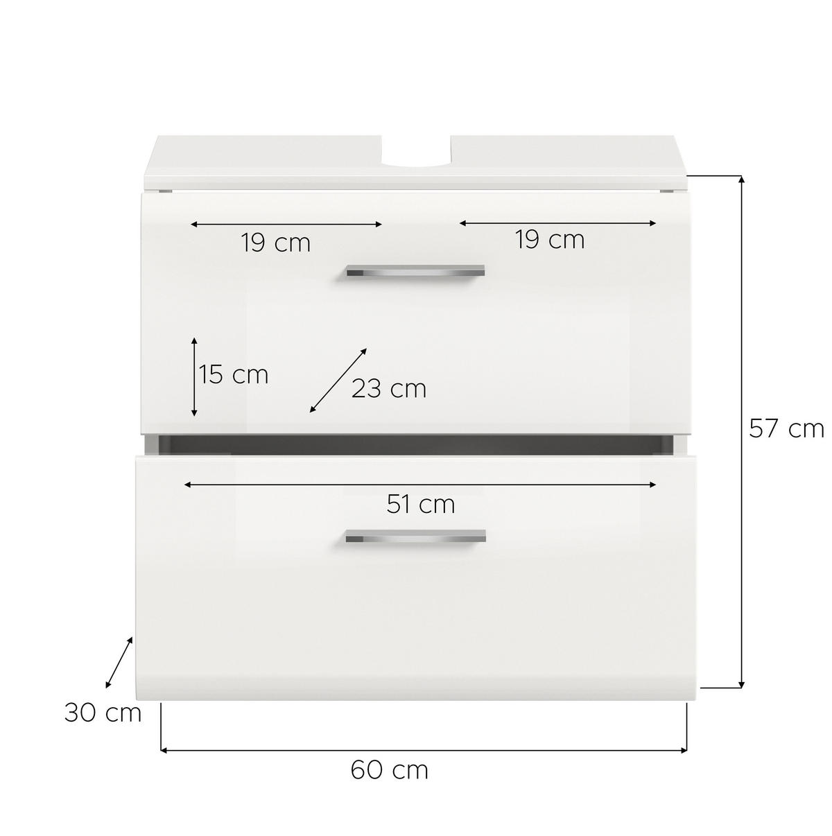 WASCHBECKENUNTERSCHRANK auf Rollen ICE (B/H/T: ca. 60/58/30 cm) in Weiß/weiß hochglanz - Weiß, Holzwerkstoff (60/58/30cm)