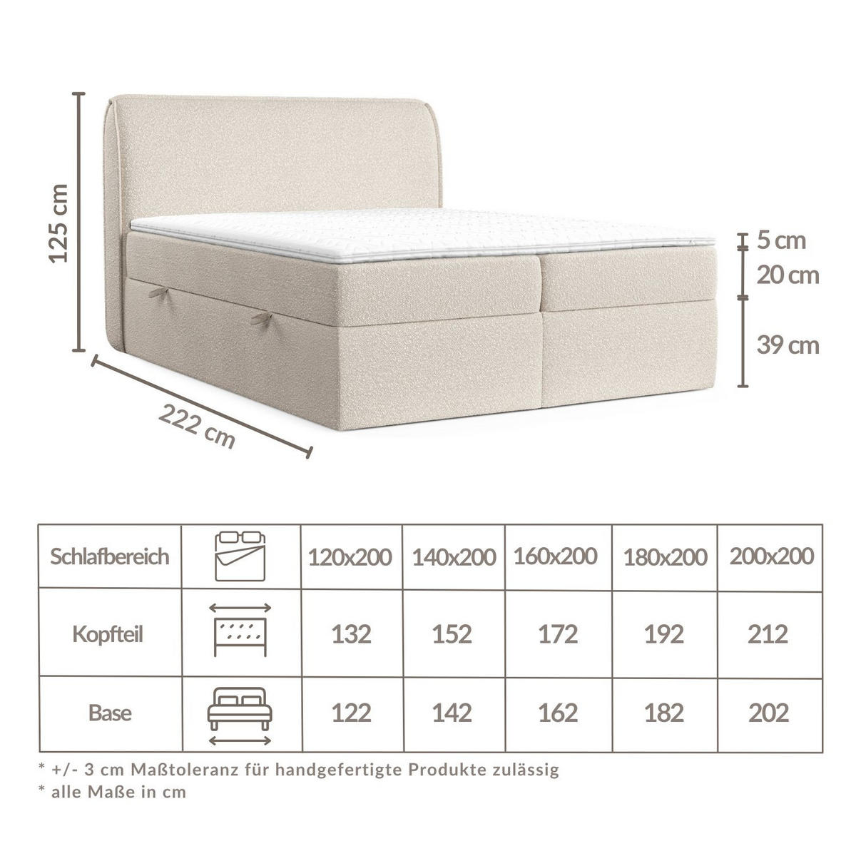 BOXBETT Organic Beige 200/200 cm mit Bonellmatratze und Topper - Beige/Schwarz, Holz/Holzwerkstoff (200/200cm) - Maison de Reve