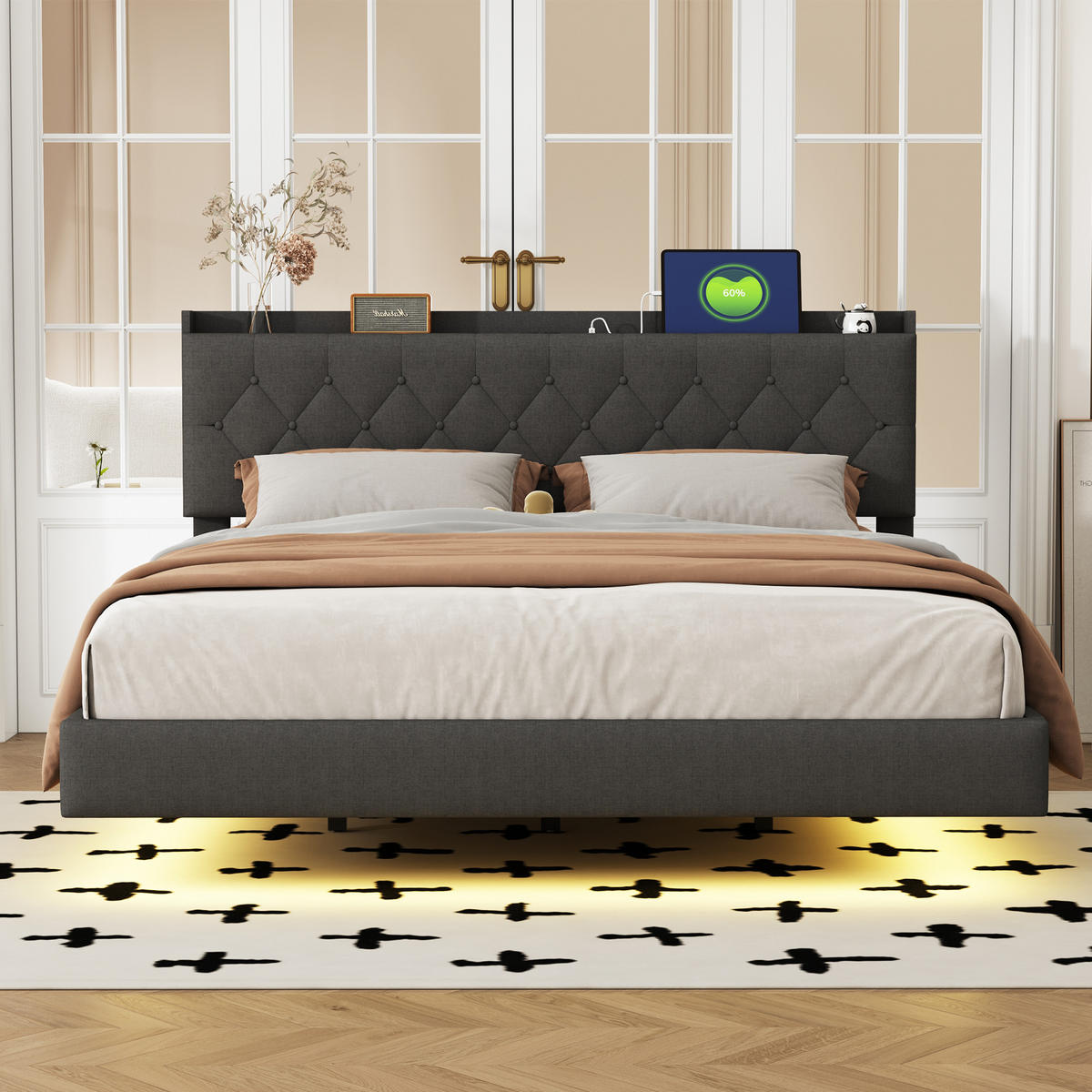 POLSTERBETT 160/200 cm grau mit USB-Ladeanschluss und LED-Farbwechsel-Lichtleiste - Grau, Textil (160/200cm) - OKWISH