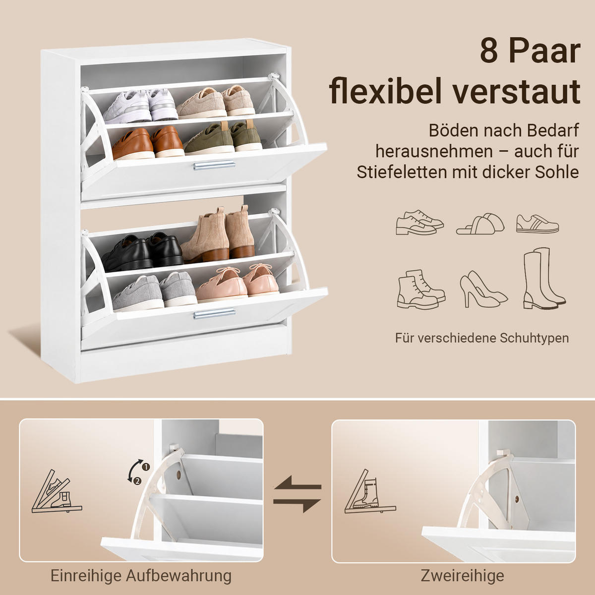 SCHUHSCHRANK Weiß, 60 cm breit, 23 cm tief, 79 cm hoch, 2 Klappen, ca. 8 Paar Schuhe, für Flur und hinter der Tür - Weiß, Holzwerkstoff (60/80/25cm) - SoBuy